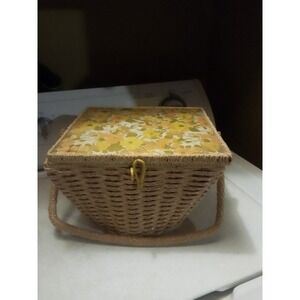 Vintage Dritz Wicker‎ Sewing Basket With Yellow Floral Fabric Interior And...